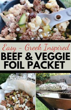 easy greek inspired beef and veggie foil packet with text overlay that says easy greek inspired beef and veggie foil packet