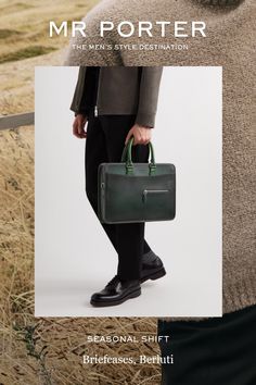 Berluti’s briefcase is made from panels of green Venezia and black 'Scritto' leather for a subtle but effective two-tone look. It's fitted with a front sleeve and zipped pockets to neatly organise your essentials for ease of access on the go. Elegant Green Briefcase For Travel, Designer Textured Leather Briefcase For Business, Classic Green Briefcase For Everyday Use, Green Modern Business Bag, Modern Green Business Bags, Green Leather Business Bag, Green Leather Rectangular Briefcase, Green Rectangular Leather Briefcase, Designer Leather Briefcase For Business Meetings