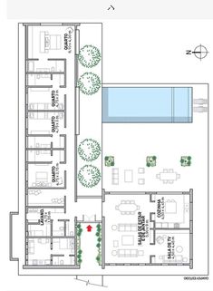 the floor plan for an apartment with swimming pool and living room, kitchen and dining area