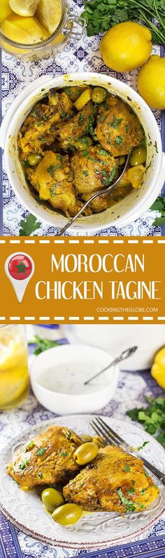 the cover of moroccan chicken tagine with lemons and herbs