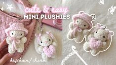 crocheted teddy bear keychain with matching pink purse and mini plushies