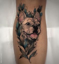 a dog is shown on the thigh with leaves and flowers around its neck, as well as his face