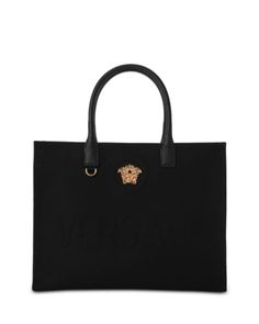 Versace La Medusa Canvas Tote Bag Luxury Tote Shoulder Bag With Logo Hardware, Elegant Tote Bag With Logo Hardware, Luxury Shoulder Bag With Logo Hardware For Daily Use, Luxury Shoulder Bag With Logo Hardware For Shopping, Formal Double Handle Bag With Logo, Luxury Travel Bags With Logo Hardware, Luxury Travel Bag With Logo Hardware, Elegant Business Bags With Logo, Evening Bags With Logo Hardware And Double Handle