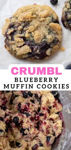 crumbl blueberry muffin cookies are shown in two different pictures and the same cookie has been cut into pieces