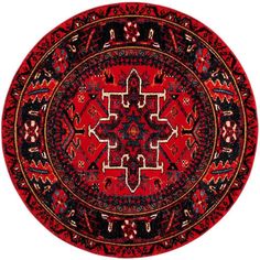 a red and black round rug with an intricate design on the center, surrounded by smaller circles