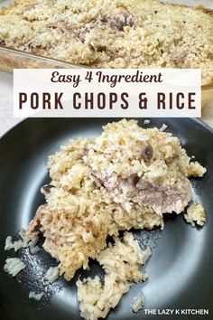 easy 4 ingredient pork chops and rice on a black plate with text overlay that reads easy 4 ingredient pork chops and rice