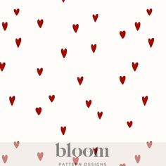 red hearts on white background with the word bloom written below it and above them is an image of many smaller heart shapes