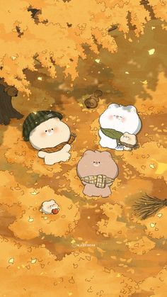 three cartoon characters standing in the middle of an autumn forest with leaves and grass on the ground