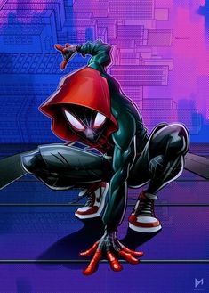 a spider - man in black and red shoes crouching on the ground with his legs crossed