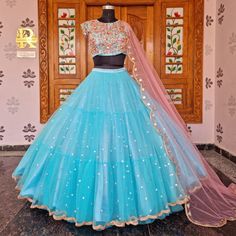 I Bought This Indian Outfit Originally To Wear To My Friend’s Wedding, But It Came Late, So I Am Reselling It Now! This Is A Gorgeous Three-Piece Lehenga Lengha Set, Perfect For Sangeet And Ceremony! It Has A Tulle Fabric For The Skirt And Beautiful Embellished Top! Light Blue Fitted Gown For Reception, Fitted Light Blue Gown For Reception, Blue Wedding Gown With Pallu, Blue Anarkali Dress For Ceremony, Anarkali Light Blue Choli For Wedding, Blue Floor-length Lehenga For Wedding, Fitted Blue Sharara For Wedding, Fitted Floor-length Lehenga For Wedding Reception, Light Blue Festive Gown For Wedding