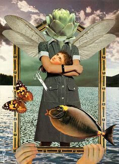 a woman holding a fish in front of her face with wings on the body and two butterflies flying around