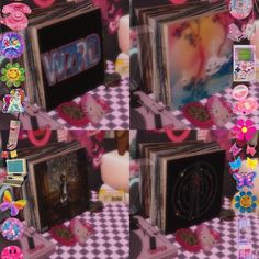 a collage of photos with pink and white checkered tablecloths, flowers, and pictures on them