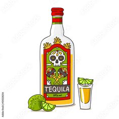 a bottle of tequila sitting next to a glass filled with limes and an orange slice