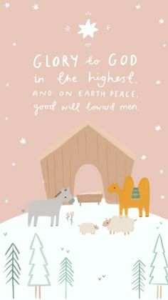 a christmas card with sheep and giraffes in front of a manger