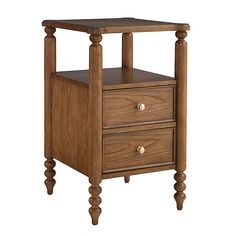 a wooden night stand with two drawers on one side and an open drawer on the other