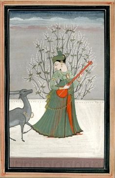 Painting. Ragamala. A woman playing a musical instrument (According to reg' a rina), to a deer. Painted on paper. Indian Musical Instruments