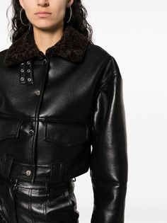 Nanushka Cropped Leather Jacket - Farfetch Cropped Leather Outerwear For Work, Winter Leather Cropped Jacket For Workwear, Cropped Leather Winter Outerwear, Black Cropped Leather Biker Jacket, Black Leather Cropped Jacket For Work, Black Cropped Outerwear With Button Closure, Black Cropped Jacket With Button Closure, Black Cropped Biker Jacket For Work, Black Cropped Leather Jacket