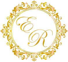 the letter e is inscribed in gold on a white background with an ornate border around it