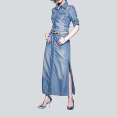 Welcome to the 2023 Spring-Summer Collection! Step into the spotlight with our light wash long denim dress. 90s style ââ‚?the perfect combination of classic and modern style. Perfect for those effortless summer days. this dress will make you look and feel like a trend-setter! Why You'll Love ItThis classic denim dress is designed to be a statement-maker. both comfortable and chic. With its light wash and subtle distressed detailing. it's the perfect balance of nostalgia and modernity. The long l Medium Wash Denim Midi Dress With Short Sleeves, Fitted Denim Maxi Dress, Light Blue Long Sleeve Denim Dress For Summer, Light Wash Denim Dress With Relaxed Fit, Relaxed Fit Light Wash Denim Dress, Spring Short Sleeve Denim Midi Dress, Casual Fitted Maxi Length Denim Dress, Casual Fitted Maxi Denim Dress, Fitted Casual Denim Maxi Dress