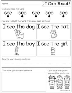 worksheet for reading the word i can read with pictures and words on it