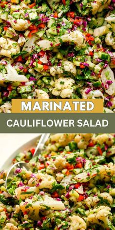 a salad with cauliflower and red onions in it is served on a platter