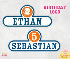 two birthday signs with an octopus and the number five in blue, orange and white