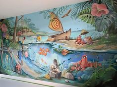 a mural on the wall of a children's room with animals and other things