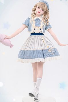 Blue/Ivory Catch The Stars Print Navy Style Sleeveless Ruffle Bowknot – LolitaInside Blue Summer Dress With Doll Collar, Blue Doll Collar Summer Dress, Light Blue Sleeveless Dress With Bow, Blue Sleeveless Dress With Bow, Sweet Blue Dress With Ruffles, Cute Cream Sleeveless Dress, Punk Dress, Navy Style, Sweet Lolita