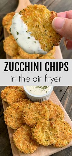 zucchini chips in the air fryer with dipping sauce on top and an image of