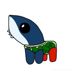 an image of a cartoon shark with vegetables in it's mouth and on its back