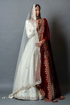 Aubriella – Gulnaaz Fashion White Gown With Red Dupatta, White Nikah Dress With Red Dupatta, White Dress Red Dupatta, Red Shawl Outfit, White Anarkali Dress With Red Dupatta, White Dress With Red Dupatta, White Nikkah Dress With Red Dupatta, White And Red Nikkah Dress, Wedding Dupatta Designs