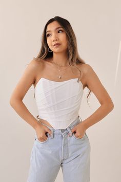 Sincere Corset Top - White – Wild Rina White Mesh Corset Top, White Corset Top Outfit Classy, Cream Corset Top, How To Style A Corset Top, Outfit Ideas With Corset, White Corset Top Outfit, Bustier Top Outfits Classy, Corset White Top, Elizabethan Corset