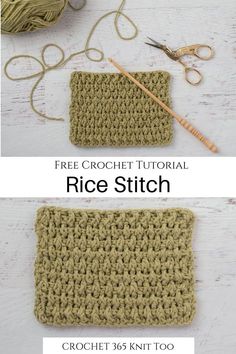 crochet pattern for the rice stitch is shown in three different views and includes two knitting needles