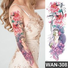 a woman with tattoos on her arms and arm, next to an image of flowers