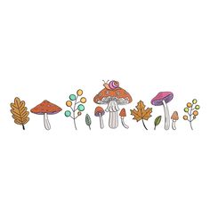 a group of mushrooms and leaves on a white background with the word autumn written in it