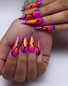 Funky Nail Designs, Neon Nail Designs, Retro Nails, Art Deco Nails, Gel Nail Art Designs, Airbrush Nails, Fancy Nails Designs, French Acrylic Nails