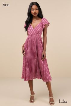 When it comes to event dressing, you'll be a step ahead with chic pieces like the Lulus Standout Sophistication Mauve Lurex Flutter Sleeve Midi Dress! This radiant dress is composed of lightweight woven fabric with a subtle striped burnout design accented by Lurex threading. Short flutter sleeves (with elastic at the shoulders) frame a surplice bodice with a stunning V-back, crossed by a single tie. Skirt has a classic, A-line silhouette and finishes at a midi hem. Hidden zipper/clasp at back. F Lurex Dress, Tie Skirt, Adhesive Bra, Dress A Line, Flutter Sleeve Dress, Sleeve Midi Dress, Midi Dress With Sleeves, Flutter Sleeves, Dress 100