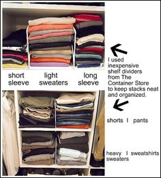 an organized closet with clothes and linens labeled on the bottom shelf, below it