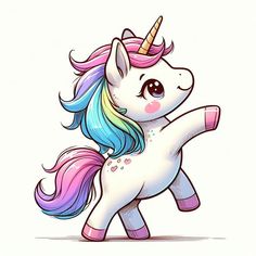 a cartoon unicorn with blue hair and pink manes is standing on its hind legs