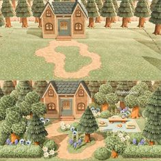 two pictures of a small house in the middle of a field with trees and flowers