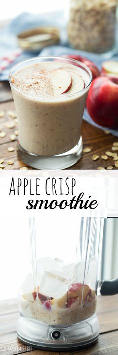 an apple crisp smoothie in a blender on top of a table with apples