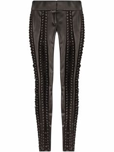 Black corset-style eyelet-detail leggings from DOLCE & GABBANA featuring eyelet detailing, cut-out detailing, skinny cut and low-rise. | Dolce & Gabbana Corset-Style Eyelet-Detail Leggings Lace Up Trousers, Leather Outfits, High Fashion Outfits, Chic Leather, Streetwear Fashion Women, Dolce E Gabbana, Leather Trousers, Corset Style, Stage Outfits