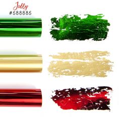 four different colors of metallic paint on white paper with red, green and gold foil