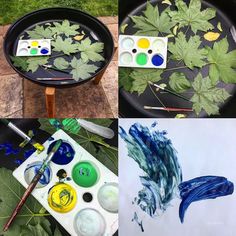 four different pictures of leaves and paints on a table with paintbrushes in them