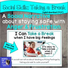 a poster with an image of a child and the words social skills taking a break