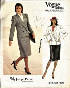 Vogue 1323, Size 8 Measurements - see pattern flap Vogue 1323 is a classic woman's suit by Joseph Picone. Picone started as a tailor of men's clothing and his background is reflected in the business apparel the Evan-Picone company designed for the 80's working woman. This pattern has what you would expect from an expert tailor - two part sleeves including the lining, beautiful shaping with arts and the side front seaming, welt pockets, etc. If you have always wanted to tackle a tailored suit this pattern is for you. Joseph Picone - Misses' Jacket and Skirt. Semi-fitted, lined, double-breasted, above hip jacket has notched collar, shoulder pads, side panels (no side seams), welt pockets with flaps and long, two-piece sleeves with mock vent and button trim. Straight skirt below mid-knee, has 80's Clothes, 80s Vogue, 80s Suit, 1960s Vogue, Period Fashion, Womens Suit, Boxy Jacket, Vogue Vintage, 80s Women