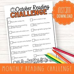 the october reading challenge is on display with pencils and markers