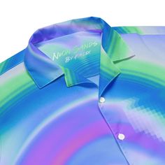 Check out this bold button-down shirt with a trendy oversized fit, that works well for outfit layering! Embrace the Groove with the "Neon Sands" Gradient Button Down Shirt 🌈✨ Meet your new favorite groovy gradient button down shirt! This Abstract Hawaiian Shirt exudes coolness in both style and material, making it the perfect choice for hot summer days. Its featherlight and moisture-wicking fabric ensures you stay comfortable and stylish. 🎨 Key Features: All-Over Art Print: The "Neon Sands" de Multicolor Oversized Button-up Shirt, Oversized Multicolor Button-up Shirt, Summer Party Shirt With Buttons, Blue Summer Party Shirt, Summer Party Button-up Shirt, Trendy Button-up Party Shirt, Blue Shirt For Summer Party, Green Button-up Party Shirt, Party Shirt With Short Sleeves And Buttons