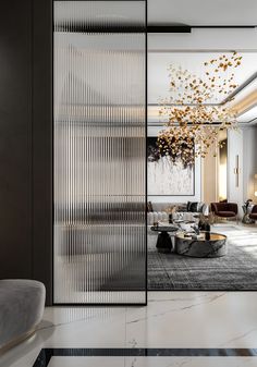 an elegant living room with glass partitions