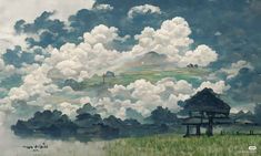 a painting of clouds over a field with houses